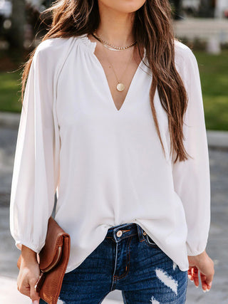 Notched Neck Long Sleeve Blouse Divacious