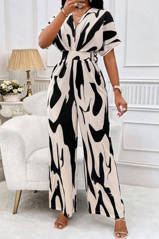 Printed V-Neck Short Sleeve Wide Leg Jumpsuit Divacious