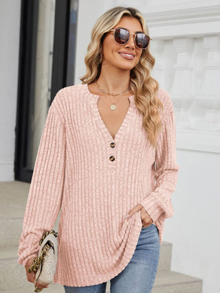 Ribbed Notched Long Sleeve T-Shirt Divacious