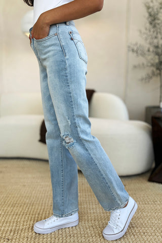 Full Size High Waist Distressed Straight Jeans Divacious