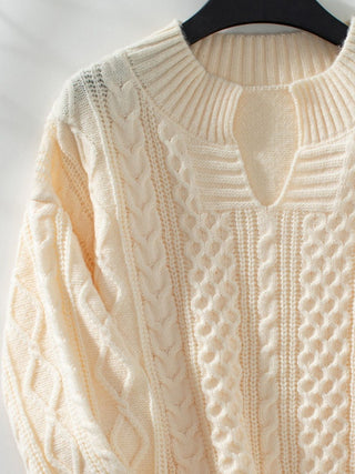 Cable-Knit Notched Long Sleeve Sweater - Divacious