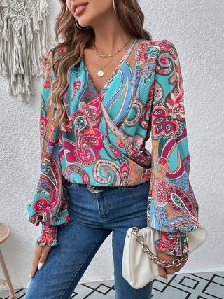 Printed Surplice Smocked Lantern Sleeve Blouse Divacious