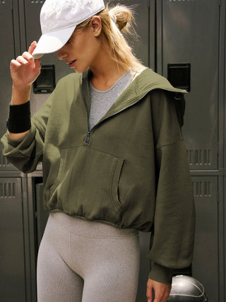 Half Zip Pocketed Dropped Shoulder Hoodie Divacious