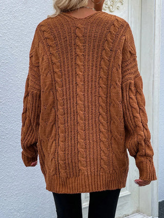 Woven Right Cable-Knit Open Front Cardigan with Front Pockets Divacious