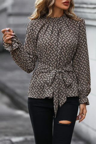 Printed Tie Front Flounce Sleeve Blouse Divacious