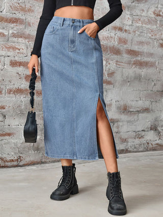 Slit High Waist Denim Skirt with Pockets Divacious