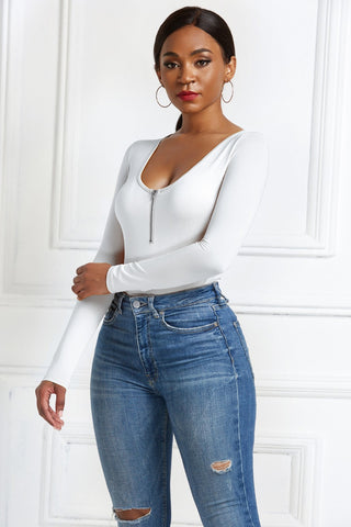 Half Zip Scoop Neck Long Sleeve Bodysuit Divacious