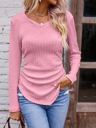 Textured Ruched V-Neck Long Sleeve T-Shirt Divacious