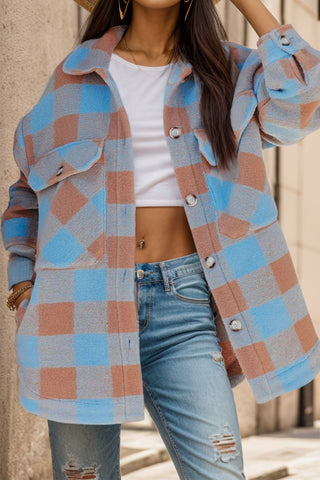 Plaid Button Up Dropped Shoulder Jacket Divacious