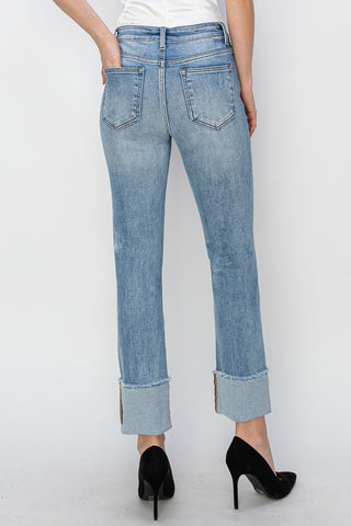 Full Size High Rise Cuffed Slim Straight Jeans Divacious