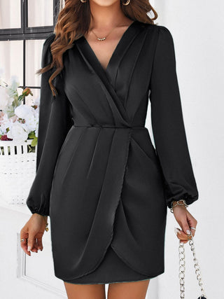 Devine Ruched Surplice Long Sleeve Mini Dress Trendsi