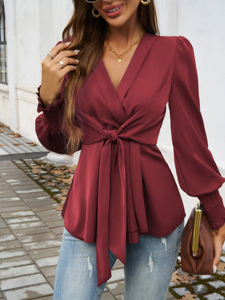 Smocked Surplice Long Sleeve Blouse Divacious