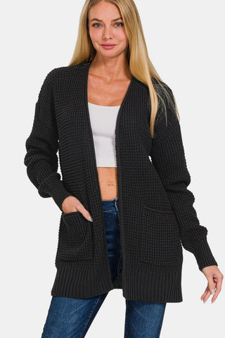 Waffle Open Front Sweater Cardigan - Divacious