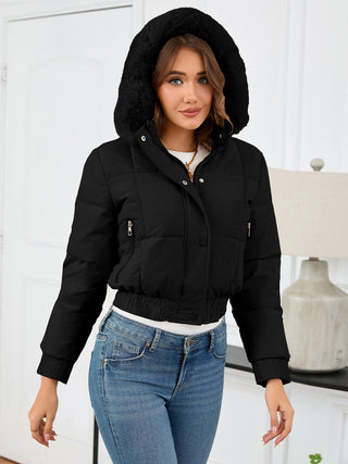 Pocketed Long Sleeve Cropped Hooded Winter Coat - Divacious