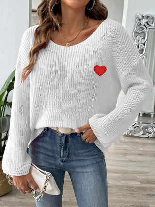 Heart Boat Neck Dropped Shoulder Sweater - Divacious