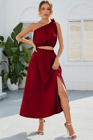 Ruched One Shoulder Top and Slit Skirt Set Trendsi