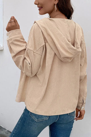 Ribbed Button Up Drawstring Hooded Jacket Divacious