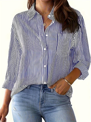 Striped Collared Neck Long Sleeve Shirt Divacious