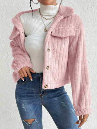 Fuzzy Button Up Collared Neck Jacket Divacious