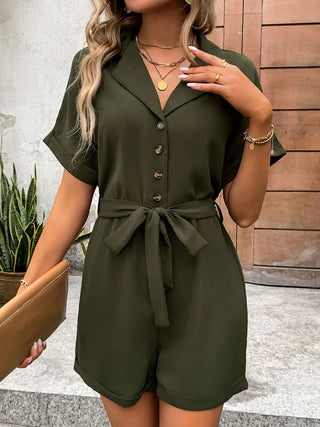 Half Button Tie Waist Short Sleeve Romper Divacious