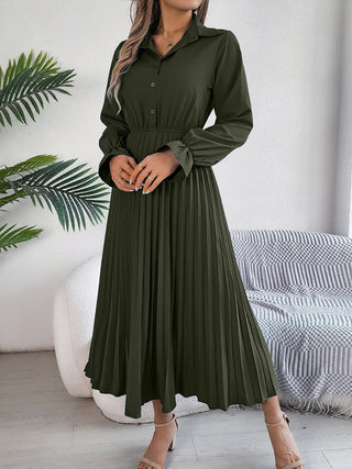 Pleated Half Button Long Sleeve Midi Dress Trendsi