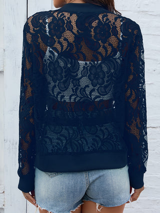 Sheer Lace Zip Up Long Sleeve Jacket Divacious