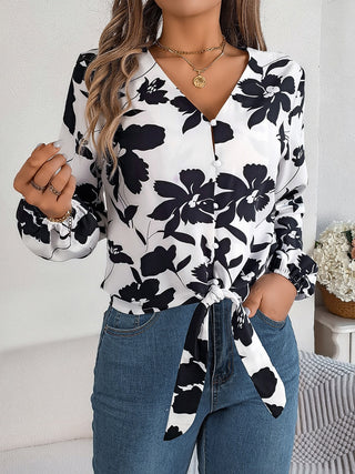 Printed V-Neck Long Sleeve Blouse Divacious