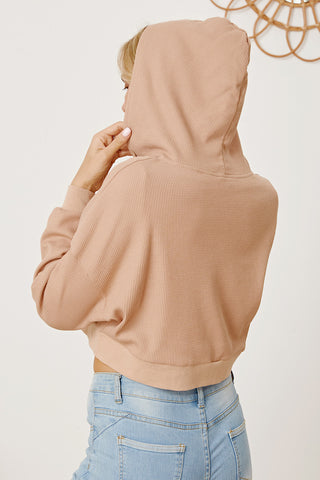 Waffle-Knit Drawstring Zip Up Hoodie Divacious