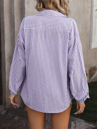 Striped Pocketed Button Up Long Sleeve Shirt Divacious