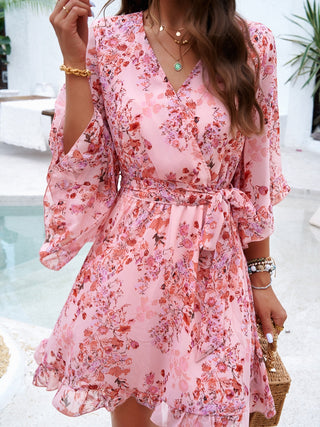 Devine Ruffled Printed Surplice Half Sleeve Mini Dress Trendsi