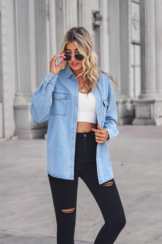 Collared Neck Dropped Shoulder Denim Top Divacious