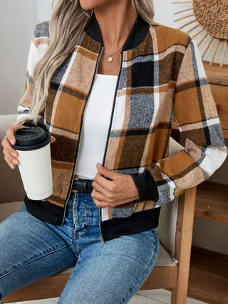 Plaid Zip Up Long Sleeve Jacket Divacious