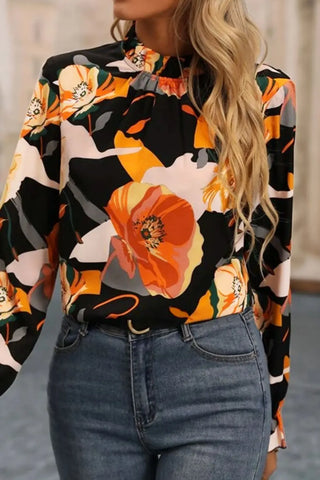 Floral Mock Neck Flounce Sleeve Blouse Divacious