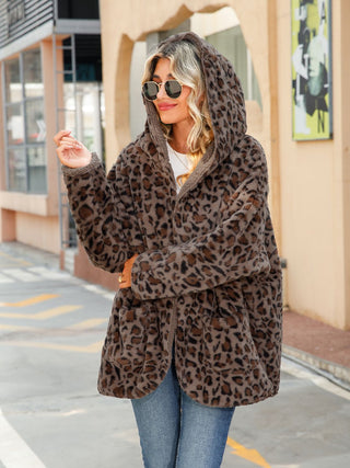 Leopard Hooded Coat with Pockets Divacious