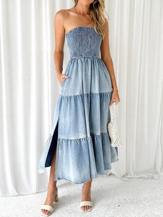 Slit Smocked Tube Tiered Denim Dress Divacious