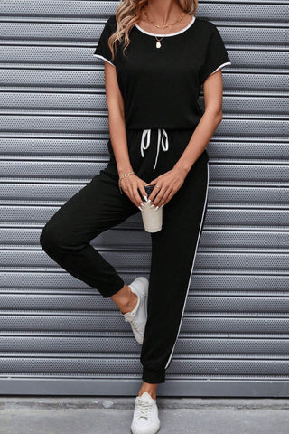 Contrast Trim Round Neck Top and Pants Set Trendsi