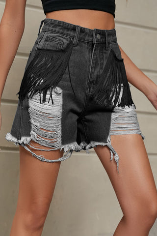 Fringe Trim Distressed Denim Shorts with Pockets Divacious