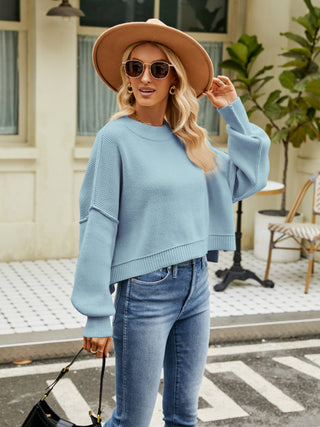 Round Neck Lantern Sleeve Sweater Divacious