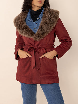 Fuzzy Collared Neck Tie Waist Jacket - Divacious