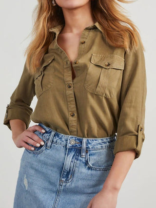 Collared Neck Roll-Tab Sleeve Denim Top - Divacious