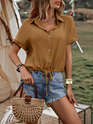 Drawstring Button Up Short Sleeve Blouse Divacious