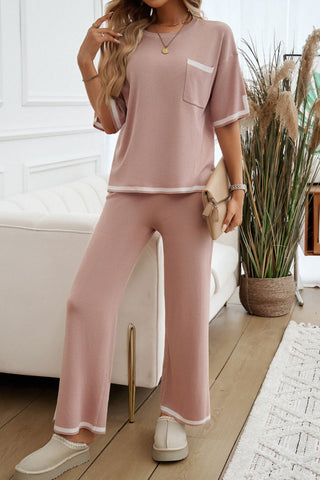 Contrast Trim Half Sleeve Top and Pants Set - Divacious