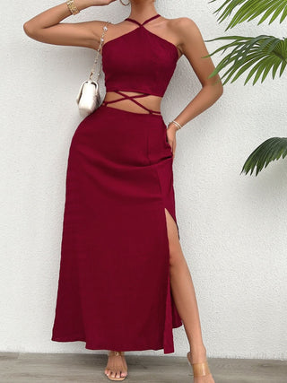 Devine Grecian Neck Top and Slit Skirt Set Trendsi