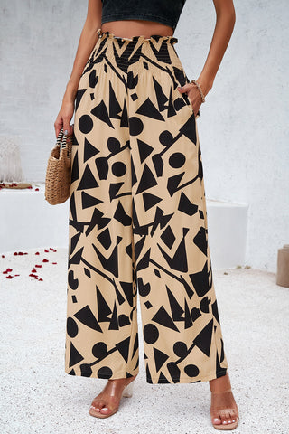 Smocked Printed Wide Leg Pants with Pockets Divacious