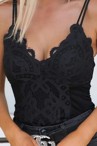 Lace Detail Spaghetti Strap V-Neck Bodysuit Divacious