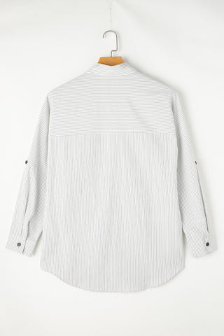 Pocketed Striped Collared Neck Long Sleeve Shirt Divacious