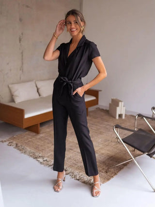 Tied Collared Neck Short Sleeve Jumpsuit Divacious