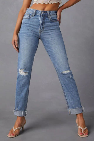 Distressed Raw Hem Straight Jeans with Pockets Divacious