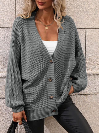 Button Down Horizontal-Ribbing Longline Cardigan Divacious