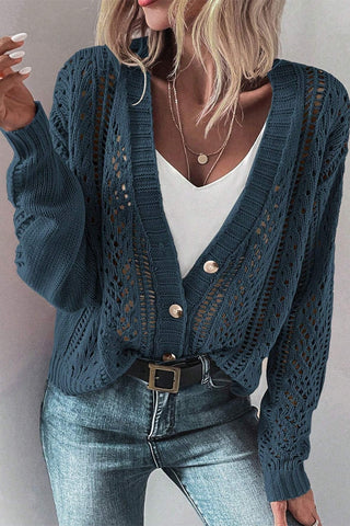 Openwork Button Up Long Sleeve Cardigan Divacious